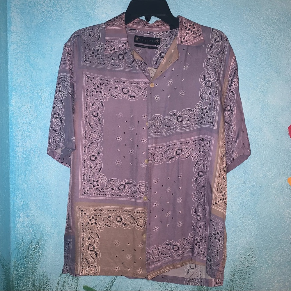 AllSaints Purple patchwork style paisley collared button down Street Wear Casual